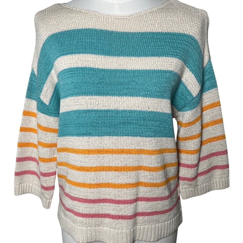 LOFT Cream Striped Sweater with Teal, Gold & Pink Stripes